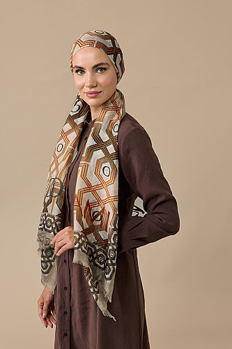 Seljuk-i Cage Beige-Orange Silk Voile Shawl 70x200 - 3