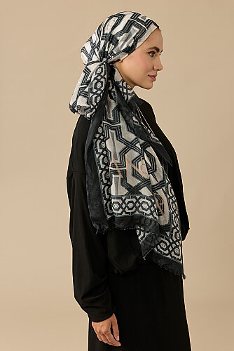 Seljuk-i Cage Black and White Silk Voile Scarf 70x200 - 3