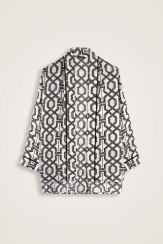 Seljuk-i Cage Black and White Twill Silk Short Kimono - 2