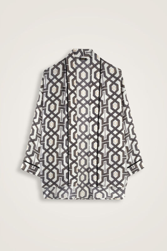 Seljuk-i Cage Black and White Twill Silk Short Kimono - 2