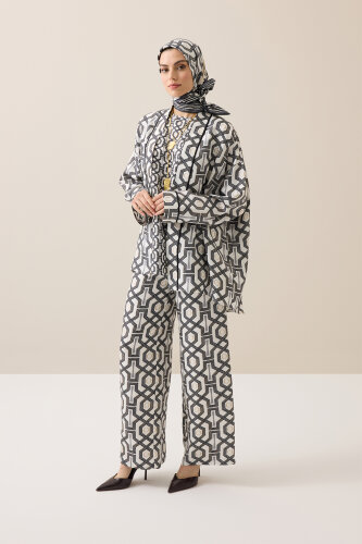 Seljuk-i Cage Black and White Twill Silk Trousers 
