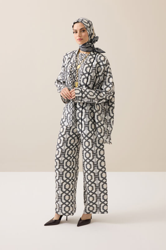 Seljuk-i Cage Black and White Twill Silk Trousers - 1