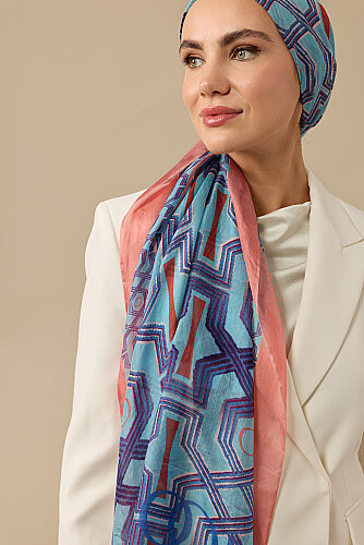 Seljuk-i Cage Blue-Salmon Silk Voile Scarf 70x200 - 5