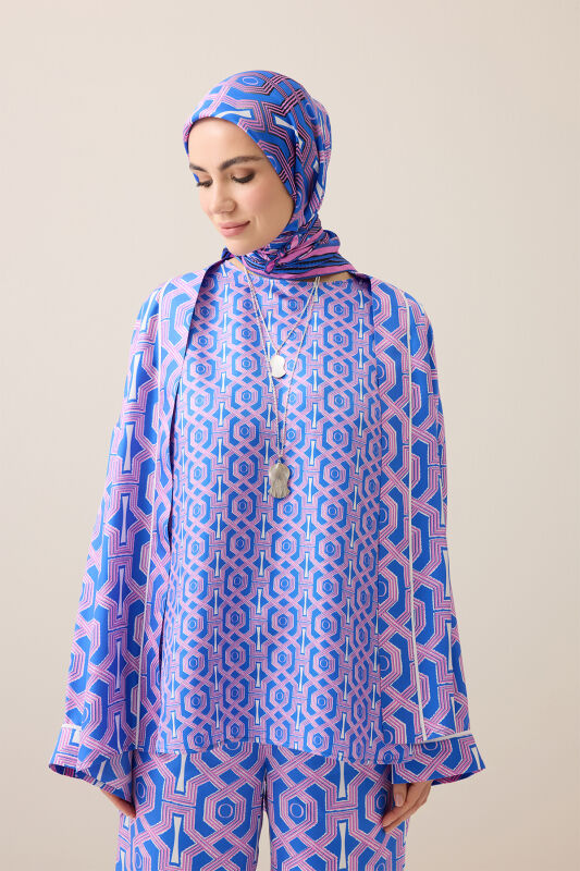 Seljuk-i Cage Fuchsia-Navy Silk Sleeveless Blouse - 1