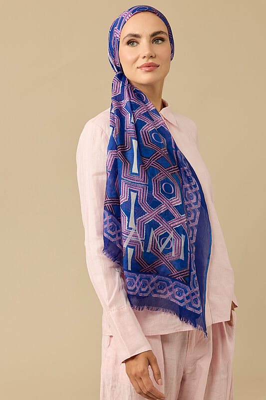 Seljuk-i Cage Fuchsia-Navy Silk Voile Shawl 70x200 - 1