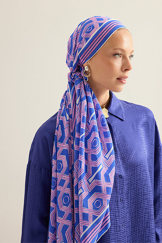 Seljuk-i Cage Fuchsia-Saks Chiffon Silk Scarf 70x210 - 1