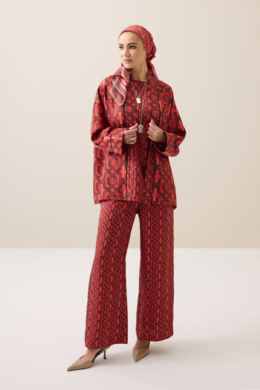 Seljuk-i Cage Red Twill Silk Short Kimono - 1