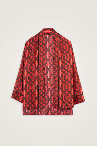 Seljuk-i Cage Red Twill Silk Short Kimono - 2