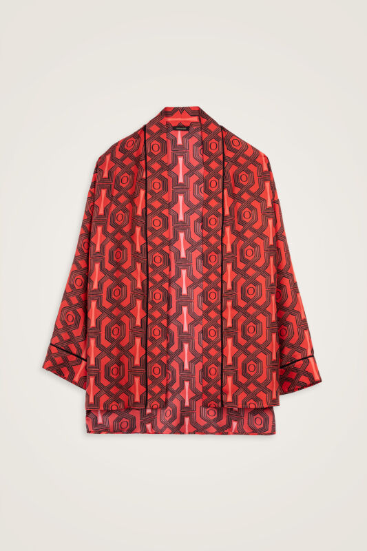 Seljuk-i Cage Red Twill Silk Short Kimono - 2