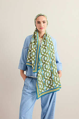 Seljuk-i Cage Turquoise-Yellow Chiffon Silk Scarf 70x210 - 5