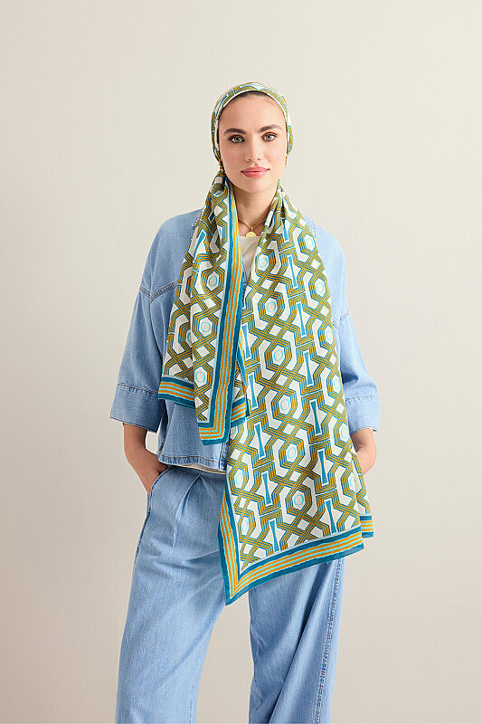 Seljuk-i Cage Turquoise-Yellow Chiffon Silk Scarf 70x210 - 5