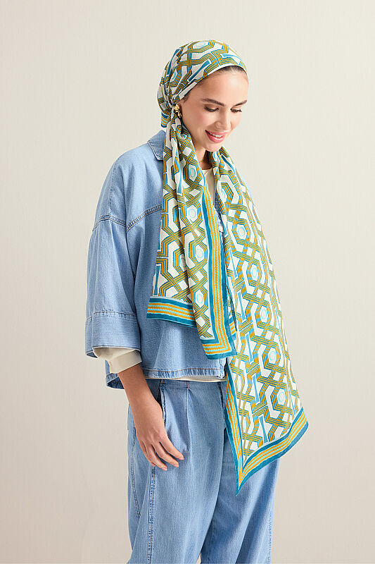 Seljuk-i Cage Turquoise-Yellow Chiffon Silk Scarf 70x210 - 1