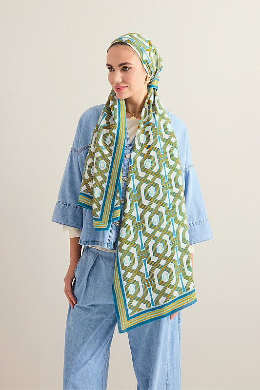 Seljuk-i Cage Turquoise-Yellow Chiffon Silk Scarf 70x210 - 6