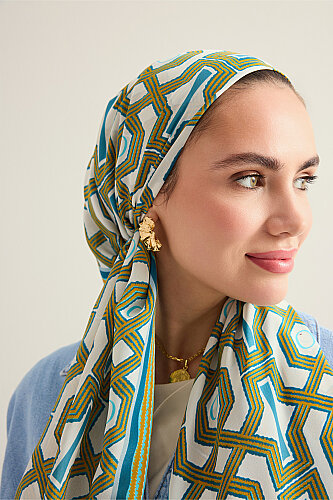 Seljuk-i Cage Turquoise-Yellow Chiffon Silk Scarf 70x210 - 3