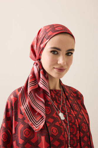 Seljuk-i Kafes Red Twill Silk Scarf - 4