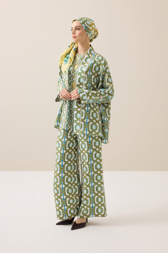 Seljuk-i Kafes Turquoise-Yellow Twill Silk Short Kimono - 3