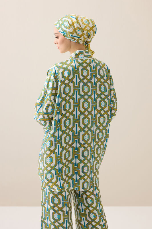 Seljuk-i Kafes Turquoise-Yellow Twill Silk Short Kimono - 5