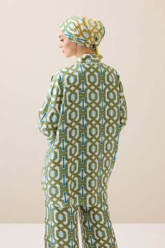 Seljuk-i Kafes Turquoise-Yellow Twill Silk Short Kimono - 5