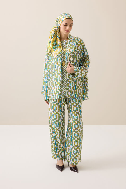 Seljuk-i Kafes Turquoise-Yellow Twill Silk Trousers - 3