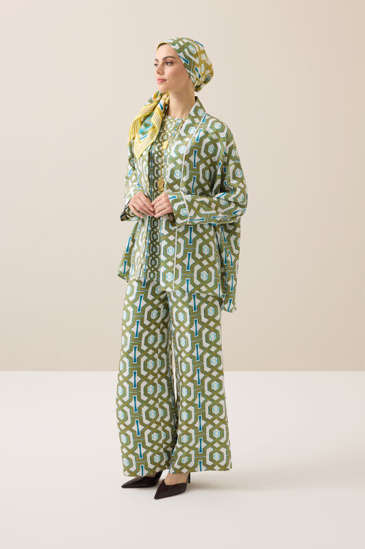 Seljuk-i Kafes Turquoise-Yellow Twill Silk Trousers - 1