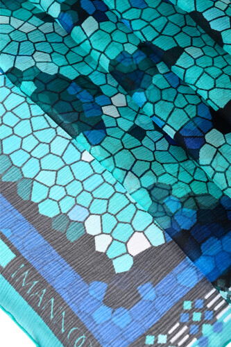 Seljuk Sun Turquoise Crepe Silk Shawl - 2