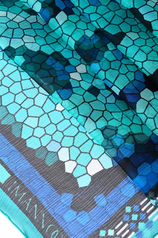 Seljuk Sun Turquoise Crepe Silk Shawl - 2