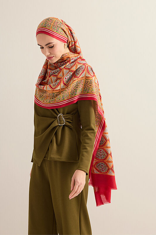 Şemse Ve Mihrap Kırmızı-Bej Yün Şal 70x200 - 5
