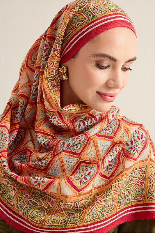 Şemse Ve Mihrap Kırmızı-Bej Yün Şal 70x200 - 3