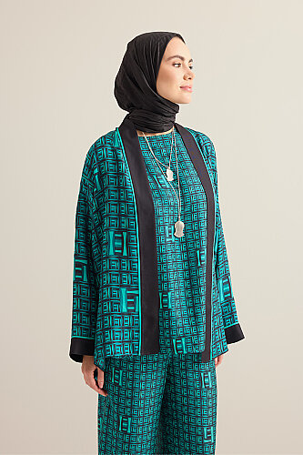 Sepet Yeşil Tivil İpek Kısa Kimono - 7