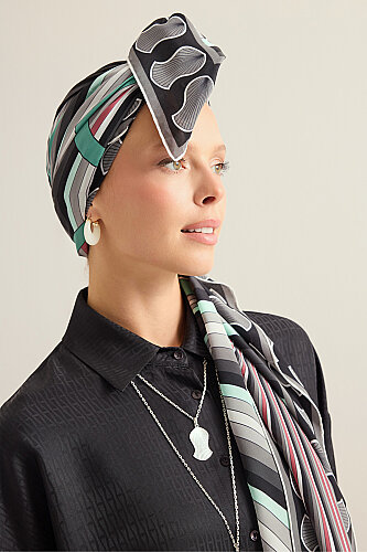 Sevgili'nin Ayak İzi Turkuaz-Gri Krep İpek Şal 70x210 - Imannoor (3)