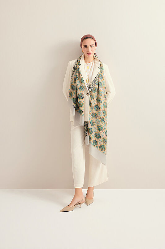 Shamsa and Mihrab Petroleum-Beige Wool Shawl - 5