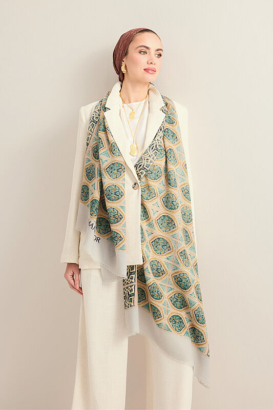 Shamsa and Mihrab Petroleum-Beige Wool Shawl - 1