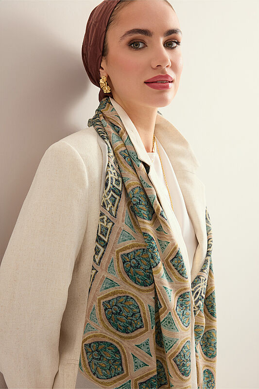 Shamsa and Mihrab Petroleum-Beige Wool Shawl - 6