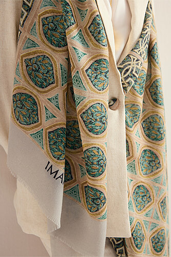 Shamsa and Mihrab Petroleum-Beige Wool Shawl - 7