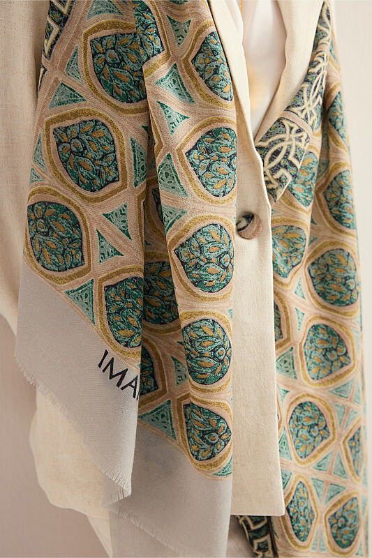 Shamsa and Mihrab Petroleum-Beige Wool Shawl - 7