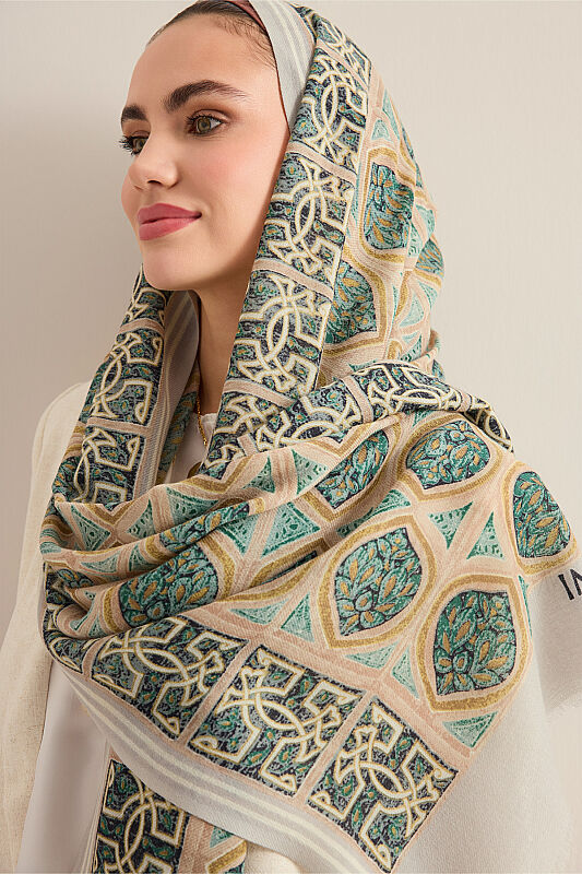 Shamsa and Mihrab Petroleum-Beige Wool Shawl - 3
