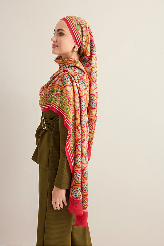 Shamsa and Mihrab Red-Beige Wool Shawl - 1