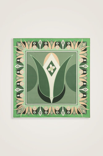 Single Tulip Green Silk Twill Scarf - 2