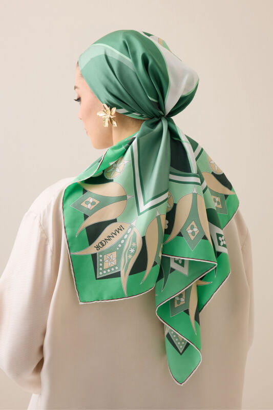 Single Tulip Green Silk Twill Scarf - 5