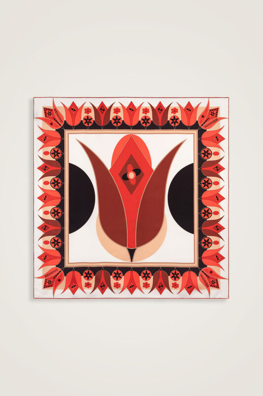 Single Tulip Red-Beige Silk Twill Scarf - 2