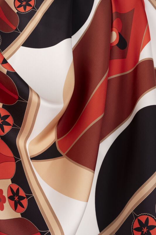 Single Tulip Red-Beige Silk Twill Scarf - 4