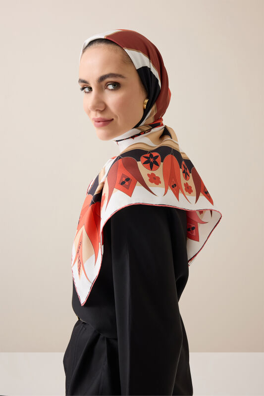 Single Tulip Red-Beige Silk Twill Scarf - 1