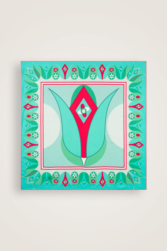 Single Tulip Turquoise Silk Twill Scarf - 2