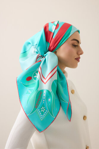 Single Tulip Turquoise Silk Twill Scarf - 3