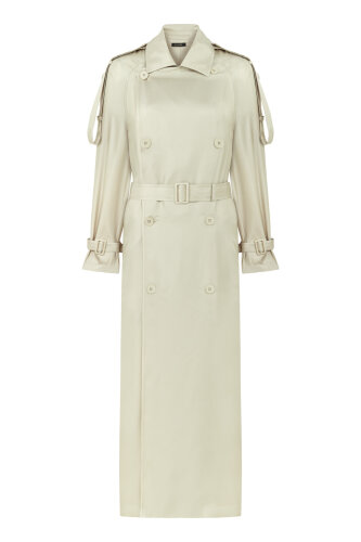 Solid Color Beige Silk Trench Coat - 2