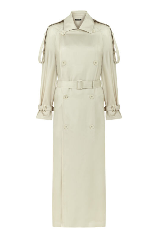 Solid Color Beige Silk Trench Coat - 2