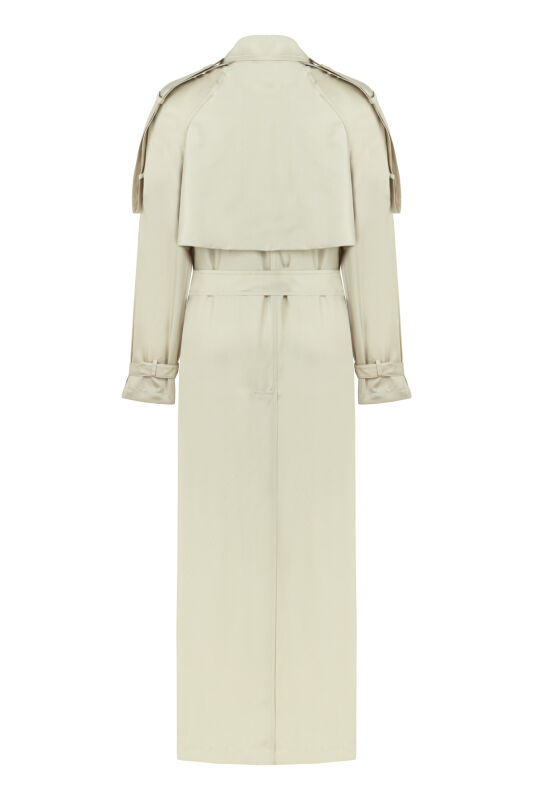 Solid Color Beige Silk Trench Coat - 6