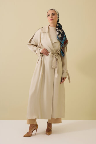 Solid Color Beige Silk Trench Coat - 3