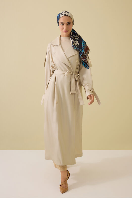 Solid Color Beige Silk Trench Coat - 8