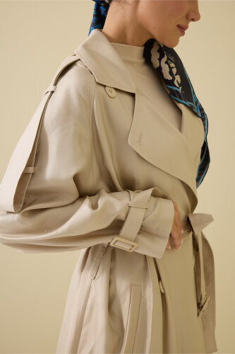 Solid Color Beige Silk Trench Coat 